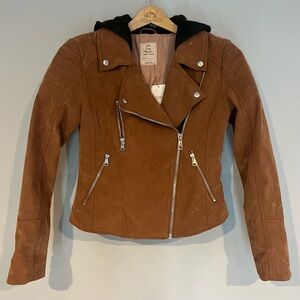 Free People womans XS Harriet Hooded Brown Vegan Leather Suede Moto Zip Jacket